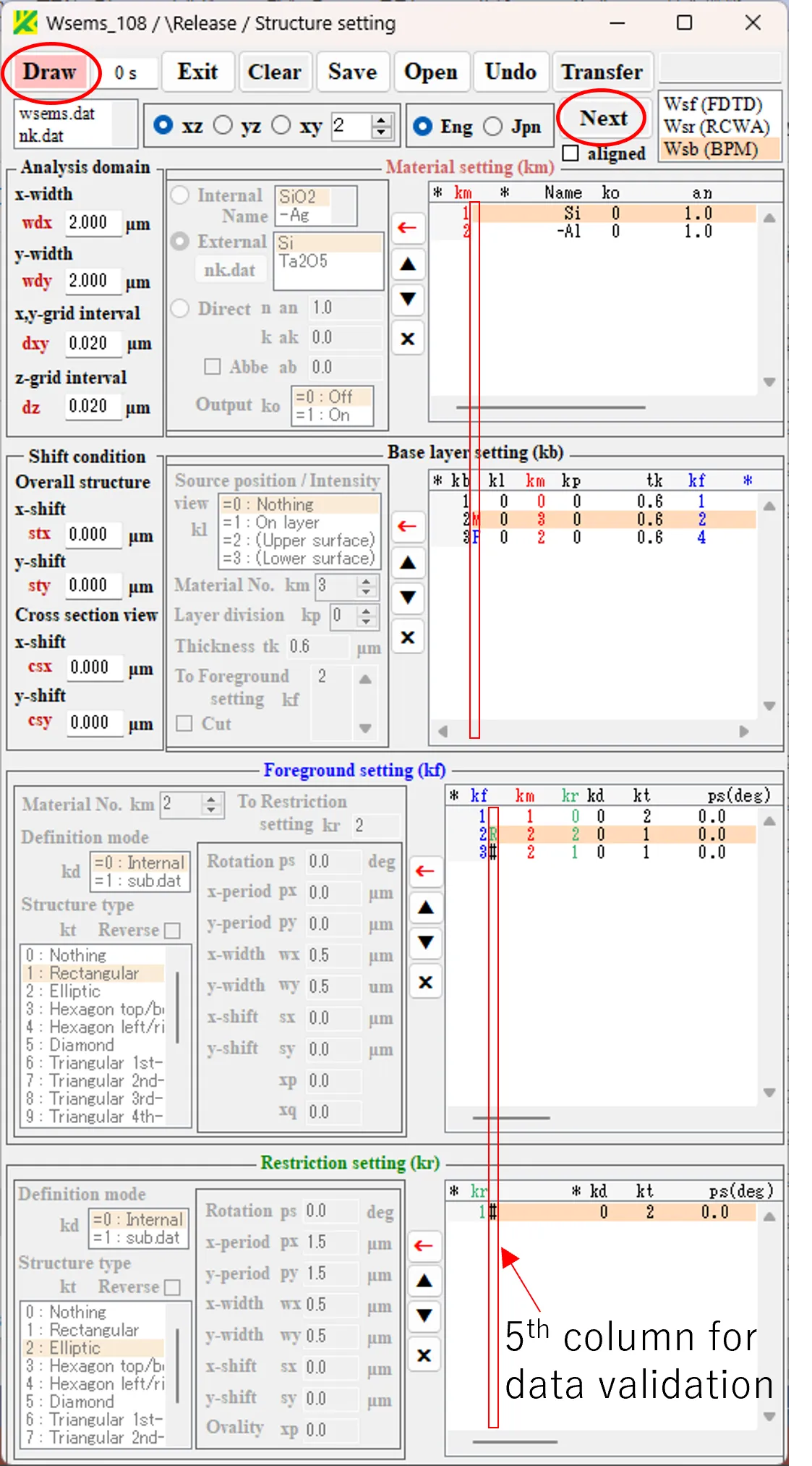 Structure setting window