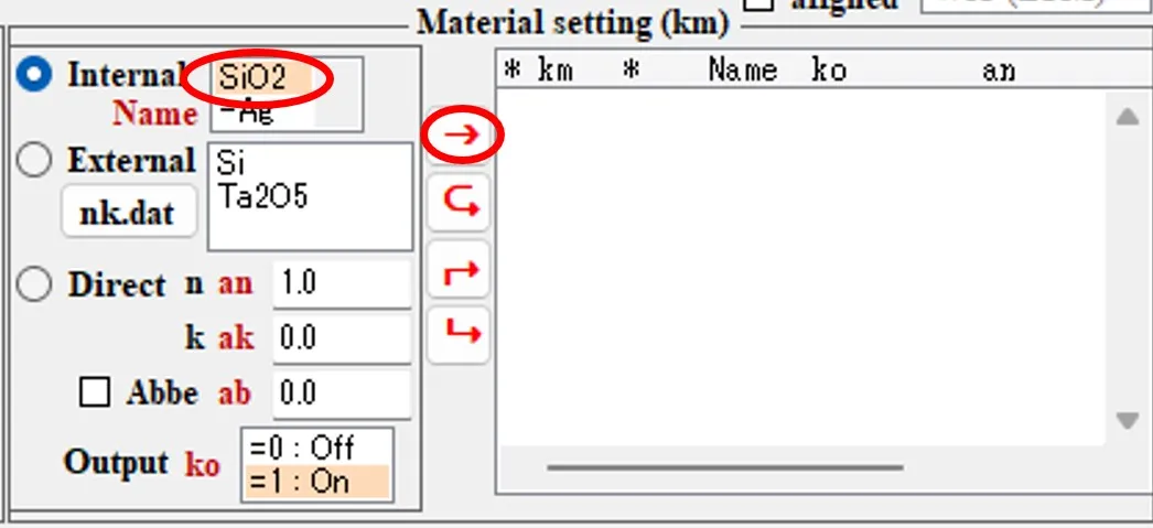 Material setting欄