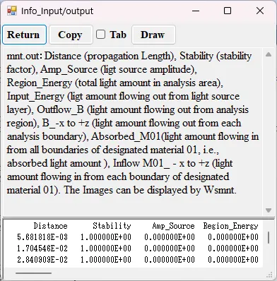 Information window for mnt.out